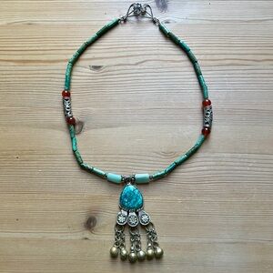 Vintage Sterling Silver Turquoise Antique Artisan Beaded Bedouin Charm Necklace
